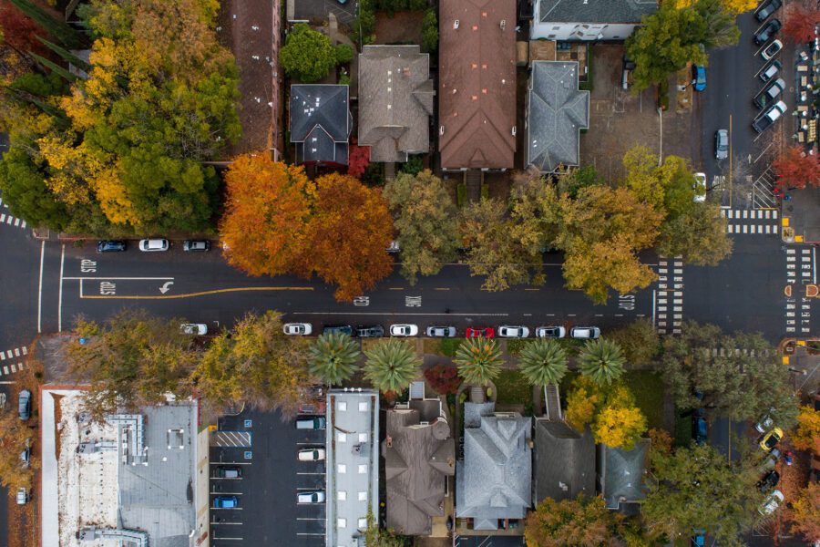 Aerial of midtown Sacramento homes